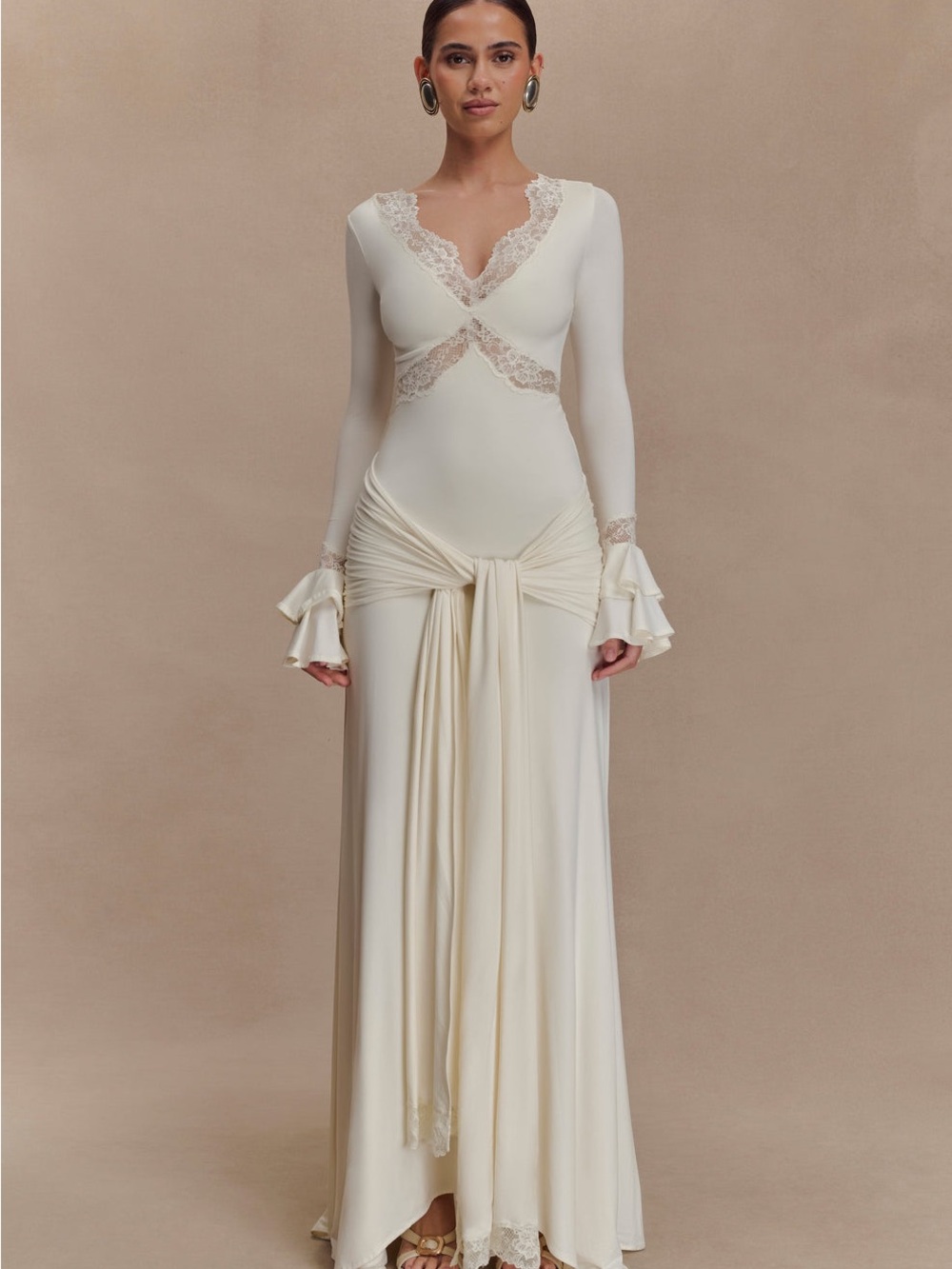 Meshki Electra Slinky Cream Lace-Detail Long Sleeve Maxi Dress
